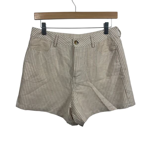 Elle Grey Short Women M White Tan Stripe Linen Blend Pocket Coastal Quite Luxury - Picture 1 of 9